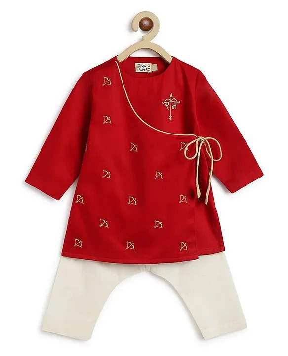 Tiber Taber Full Sleeves Ram Text Embroidered Angrakha Style Kurta With Pyjama - Red